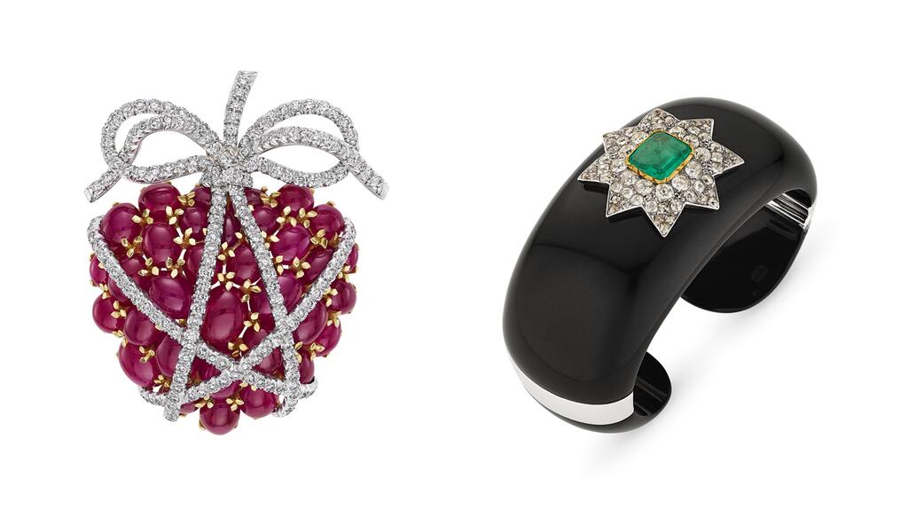 Verdura ruby and diamond Wrapped Heart brooch and black jade cuff bracelet