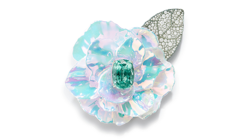 “Chromatique” brooch featuring 25.01-carat cushion-cut green Mozambican tourmaline with holographic ceramic and diamonds set in titanium and white gold