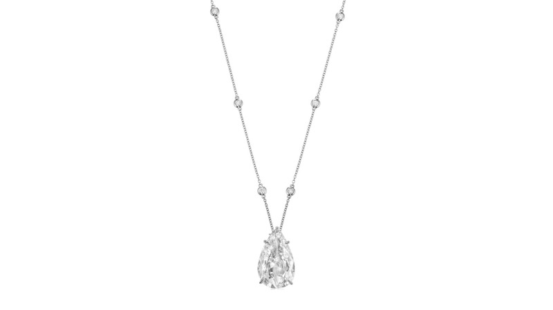This necklace is the predicted No. 2 lot of the auction, estimated to sell for between $550,000 and $650,000. It comprises a modified pear brilliant-cut diamond weighing 12.12 carats, round diamonds, and 18-karat white gold and platinum.
