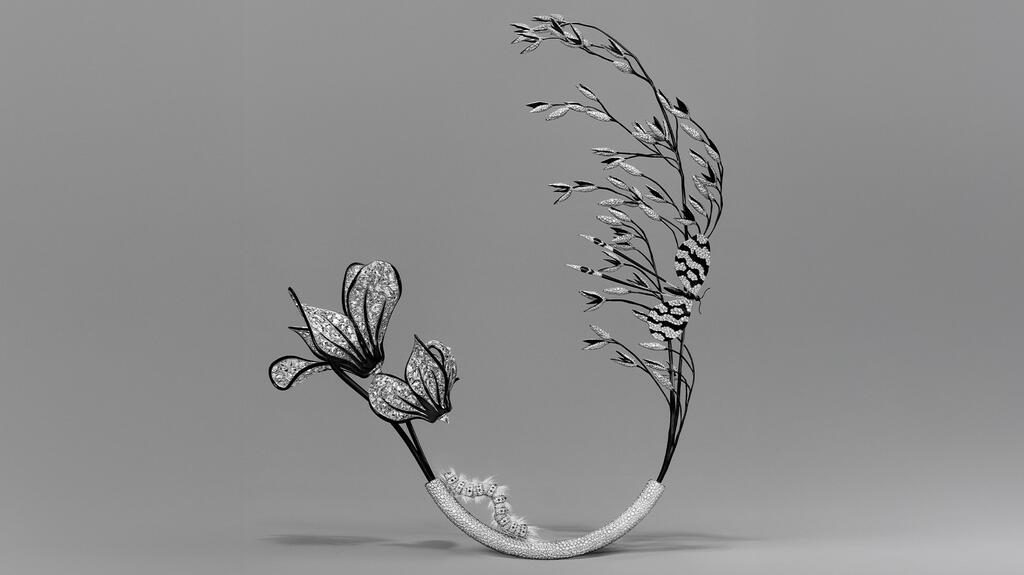 The “Cyclamen” brooch with diamonds and rock crystal set in titanium and white gold with black lacquer features a pivoting mechanism to transform into a bracelet. Boucheron Composition 4 Cyclamen Brooch Bracelet