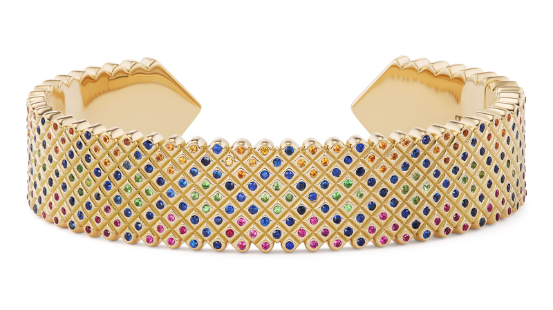 Brent Neale “Wide Braided Friendship Cuff” in 18-karat yellow gold with multicolor sapphires (price upon request)