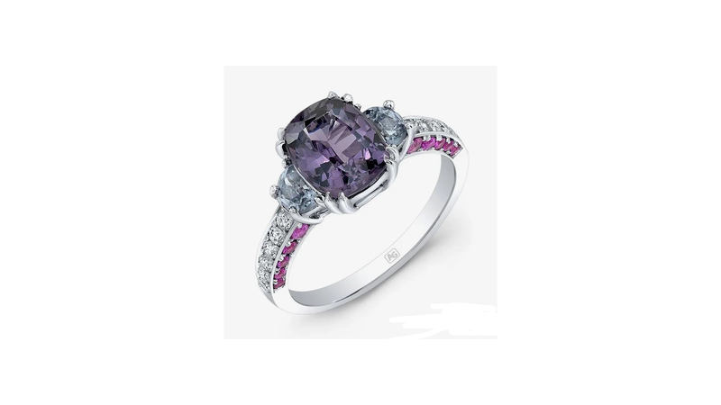 <a href="https://aggems.com/spinel" target="_blank">AG Gems </a> 2.21-carat purple spinel flanked by untreated violet spinels, ceylon pink sapphires and diamonds ($7,000)