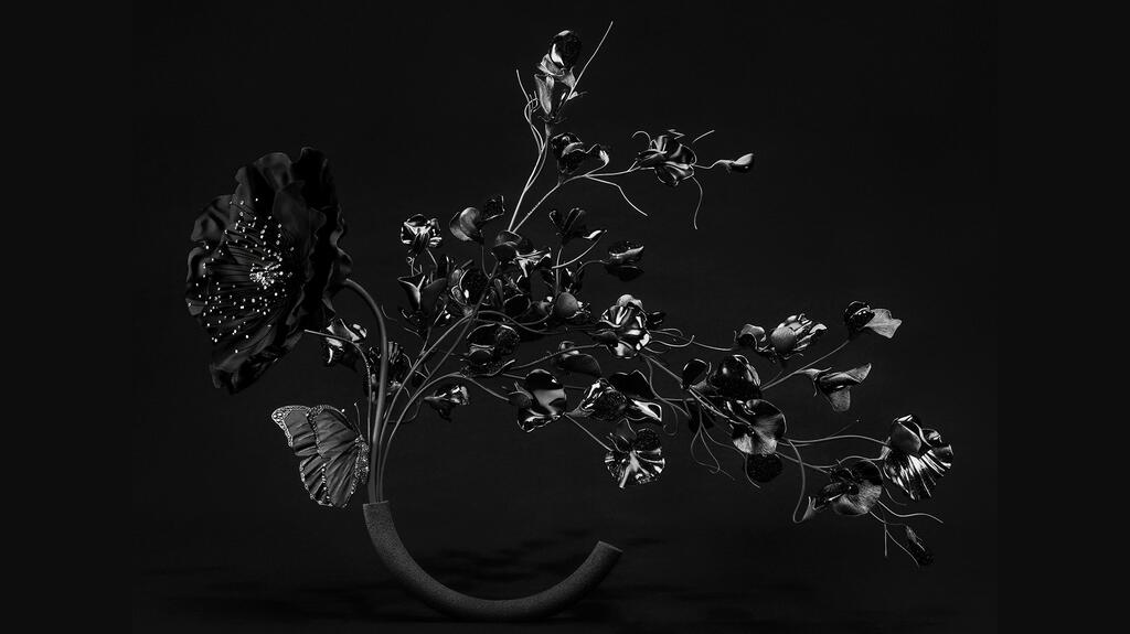 The “Sweet Pea” brooch can be dismantled to create multiple brooches with onyx, aventurine glass, and black spinels set in titanium Boucheron Composition 1 Sweet Pea Brooch