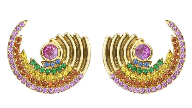 Robinson Pelham “Zouk” earrings with 3.7 carats of multicolor sapphires in 18-karat yellow gold ($9,990)