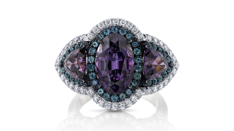<a href="https://info.omiprive.com/r2607-rc2050-spov" target="_blank">Omi Privé </a> platinum ring accented with black rhodium and set with a 4.85-carat oval purple spinel, trillion-cut violet spinels, alexandrites and diamonds ($32,000)