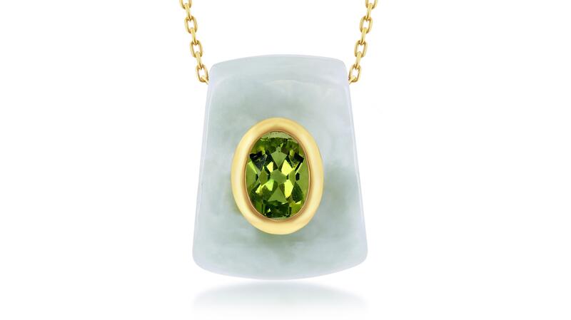 Classic of NY 14-karat yellow gold jade stone slide pendant necklace with peridot gemstone