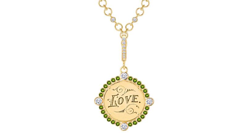Heavenly Vices 18-karat gold Love pendant set in 18-karat gold bezel with diamonds and peridot