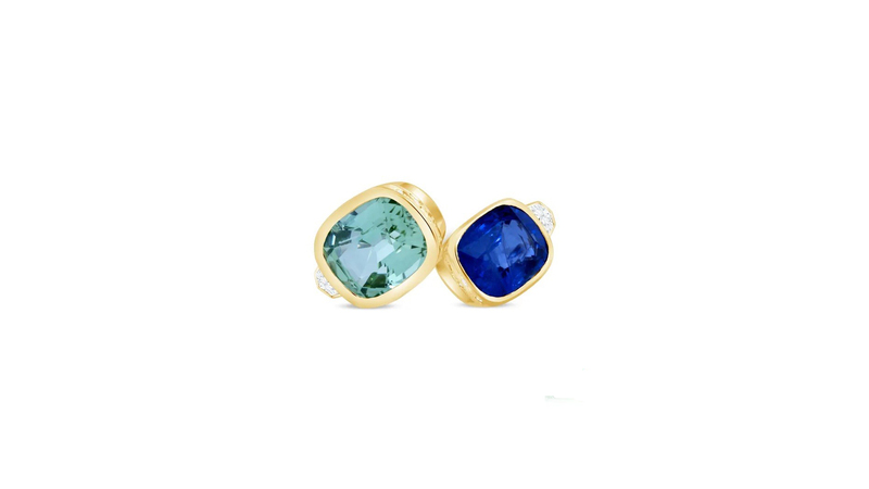 <a href="https://www.aggems.com" target="_blank">AG Gems </a> 18-karat yellow gold ring with seafoam green tourmaline from Afghanistan shown with a blue sapphire and diamond ring (prices upon request)