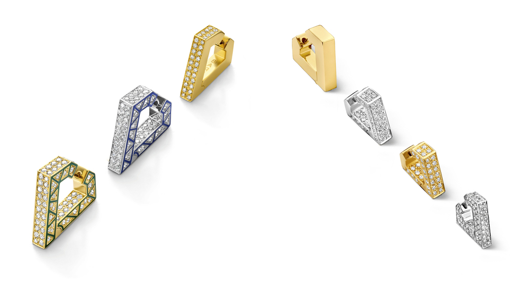 A mix of signature Dries Criel hoop earrings, all in 18-karat gold, some with diamonds and enamel A mix of signature Dries Criel hoop earrings, all in 18-karat gold, some with diamonds and enamel