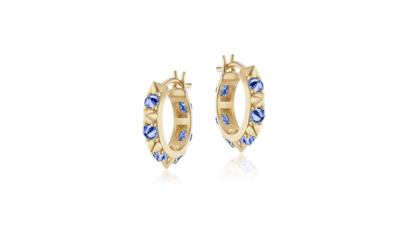 <a href="https://www.anakatarina.com/" target="_blank">Ana Katarina</a> 18-karat gold and blue sapphire “Valerie” huggies ($2,825)