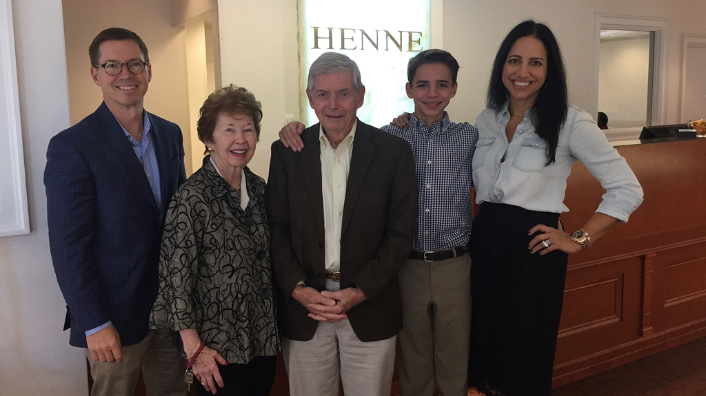 Jack Henne, center, with (from left) his son John, wife Nancy, grandson Luke, and daughter-in-law Dara Henne