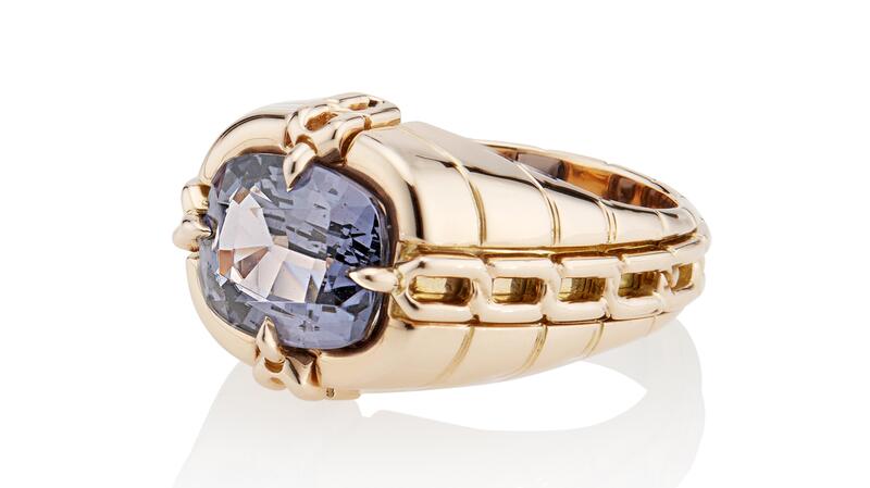 Lindsey Scoggins Studio Oath Gypsy Link Ring with 3.5 carat cushion cut grey spinel in 18-karat rose gold
