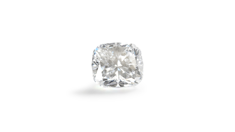 Pictured is a white 0.88-carat cushion-cut loose lab-grown diamond from Lightbox. Lightbox’s two new loose shapes, cushion and baguette, are priced from $400 for a half-carat to $1,500 for a nearly 2-carat stone.