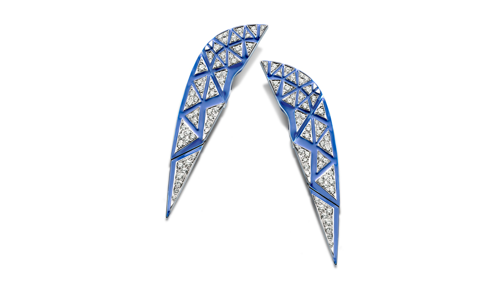 “Sphinx B” earrings in 18-karat white gold with diamonds and blue enamel ($8,100)