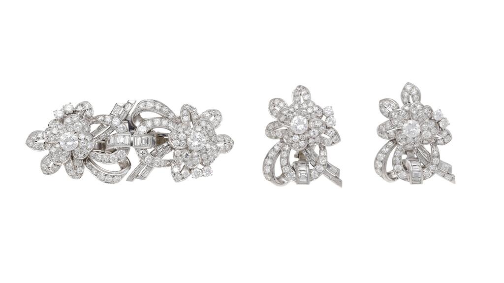 Diamond double clip brooch earrings