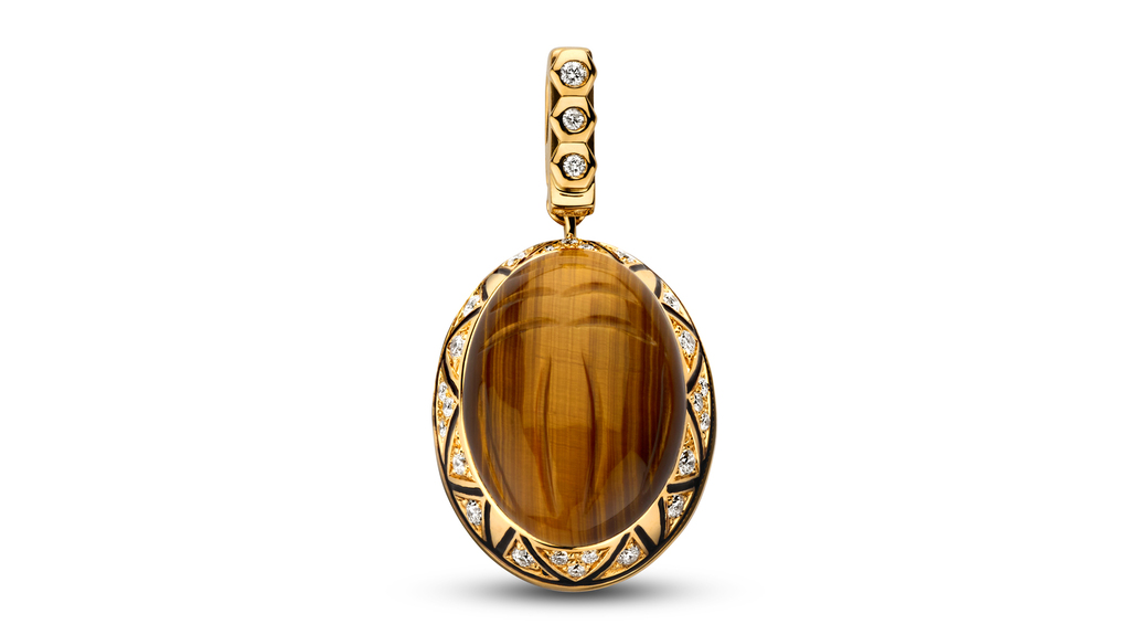 Scarab pendant in 18-karat yellow gold with tiger's eye and diamonds ($4,200)