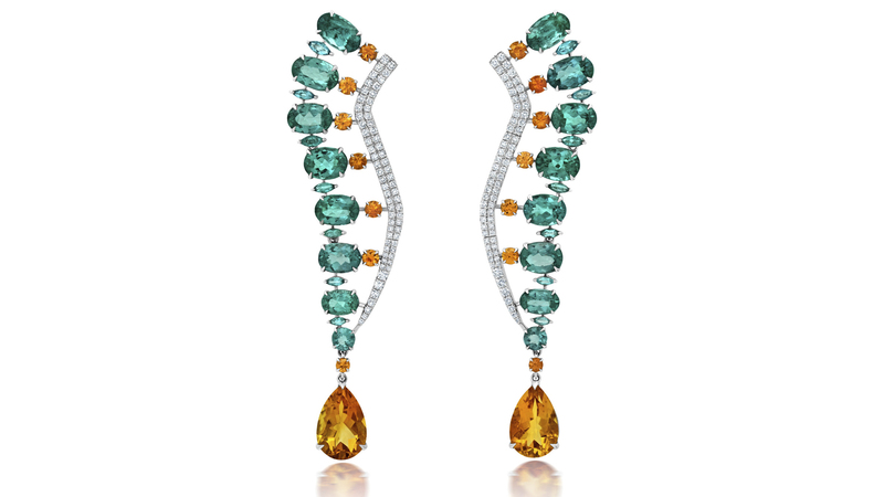 <a href="https://grazielagems.com" target="_blank">Graziela </a> 18-karat white gold earrings with Graziela tourmaline, orange sapphire, diamond, Paraíba tourmaline and citrine ($30,550)