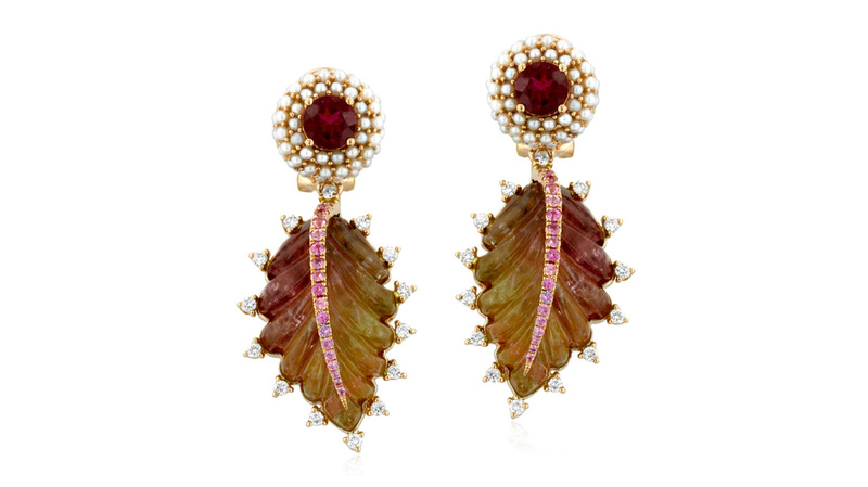 <a href="https://www.ashleymorgandesigns.com/vibrant-stone-garden-party-leaf-earrings" target="_blank">Ashley Morgan Designs</a>  carved watermelon tourmaline leaves earrings with rubellite tourmalines, pearls, diamonds, and pink sapphire accents set in 18-karat yellow gold (price available upon request)