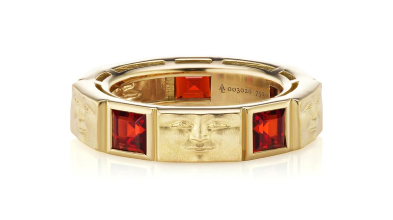 <a href="https://anthonylent.com/products/brickface-princess-cut-eternity-ring" target="_blank">Anthony Lent</a> 18-karat yellow gold and garnet Brickface princess-cut eternity ring ($3,500)