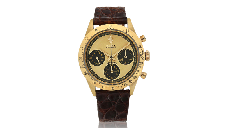 This Rolex “Paul Newman” Ref. 6239 yellow gold chronograph wristwatch circa 1969 went for approximately $614,700.