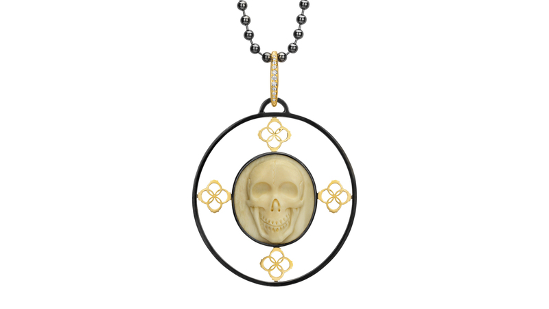<a href="https://lillystreet.com/products/skully-pendant" target="_blank">Lilly Street</a> “Skully” pendant in 18-karat yellow gold and sterling silver with hand-carved bone skull and diamonds ($5,580)