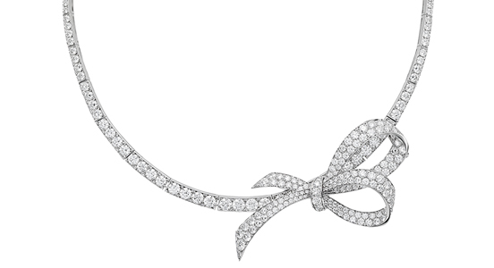 Picchiotti Fiocco diamond necklace with detachable bow brooch/enhancer, featuring 19.43 total carat weight of round diamonds in 18-karat white gold ($82,000)