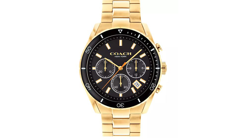 A Coach “Preston” chronograph 44 mm watch with gold-tone bracelet ($206). (Image courtesy of Macy’s website)
