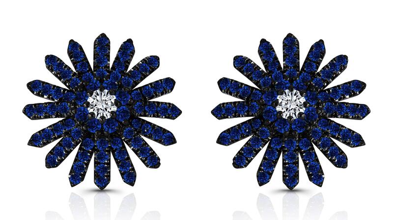 Rahaminov blue sapphire earrings set in 18-karat white gold and black rhodium