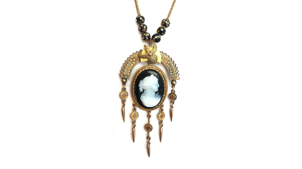 A 14-karat gold and onyx Victorian cameo necklace, courtesy of Windsor Jewelers