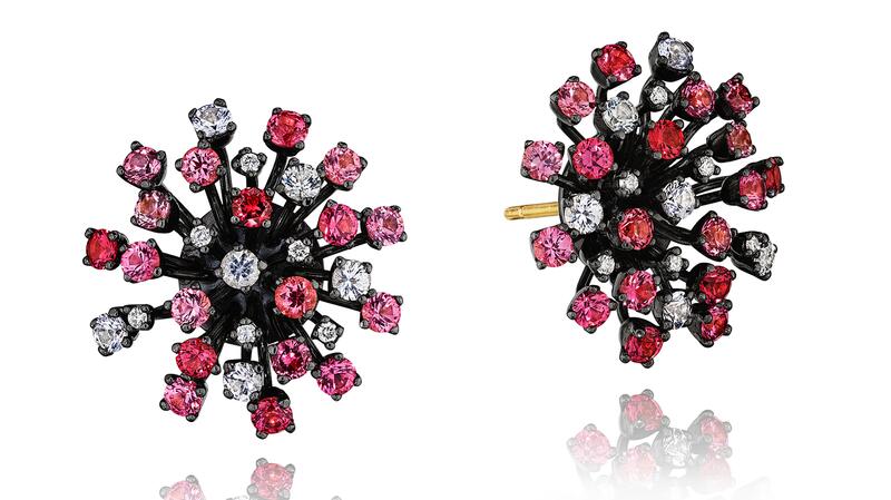 YOKI pink, grey spinel and diamond stud earrings set in 18-karat blackened gold, backed with yellow gold