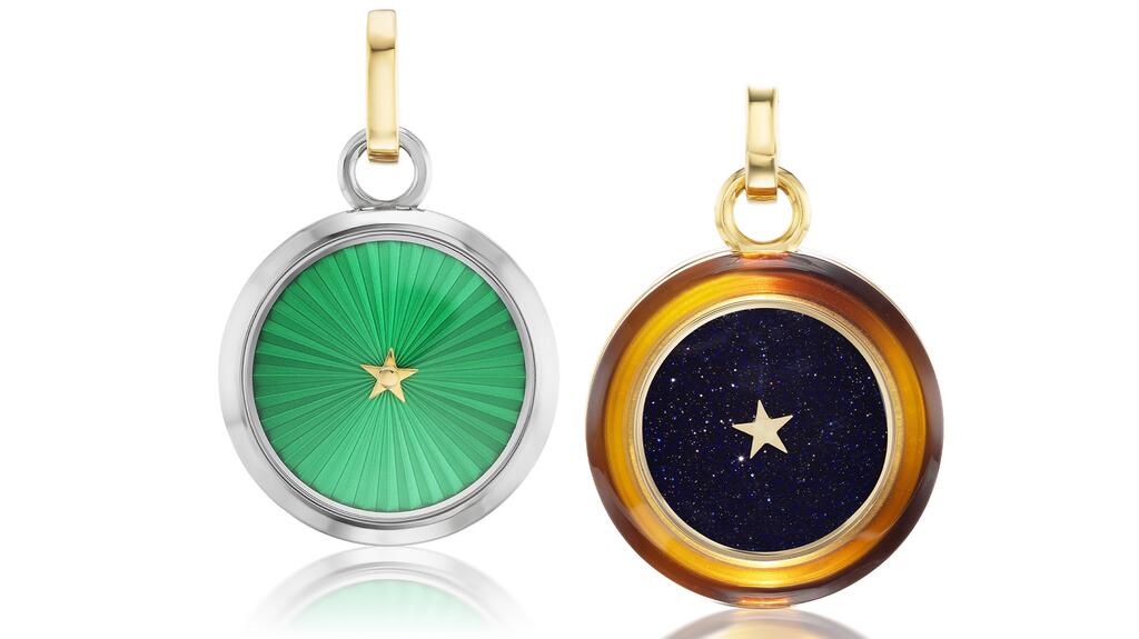 Anna Maccieri Rossi Green Guillochè Carpe Diem Pendant and Blue Aventurine Carpe Diem Pendant