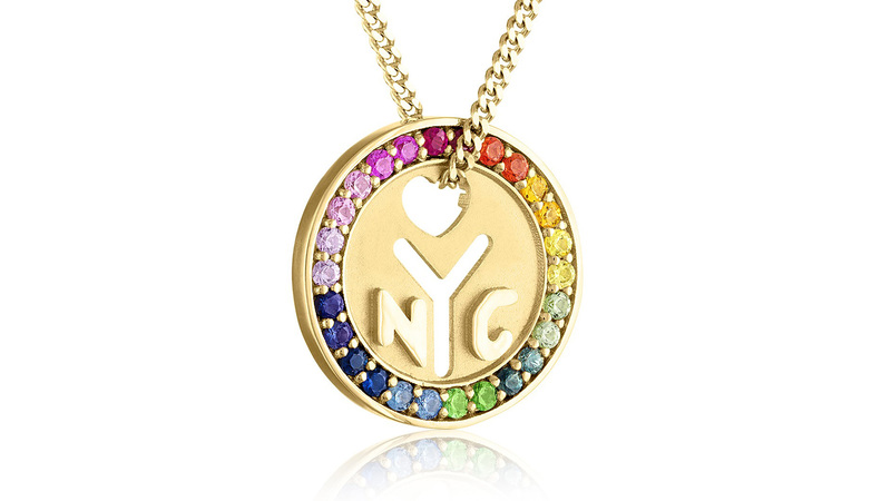 A New York City native, Julie Lamb has an entire range of medallions that pay homage to the tokens once used to ride the city’s subways. Pictured here is the “Love Is Love” token necklace in 18-karat yellow gold with sapphires, rubies and tsavorite garnet ($5,550).