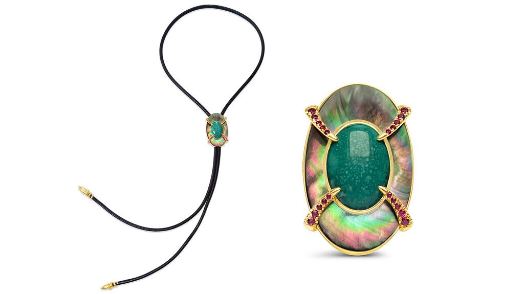 Bijules’ “Compass” bolo tie that transforms into a brooch. It features pink sapphires, blue turquoise, and inlaid mother-of-pearl set in 14-karat yellow gold, along with leather round cord and 14-karat yellow gold accents on the bolo tie ($15,000) Bijules Compass Bolo Tie Brooch