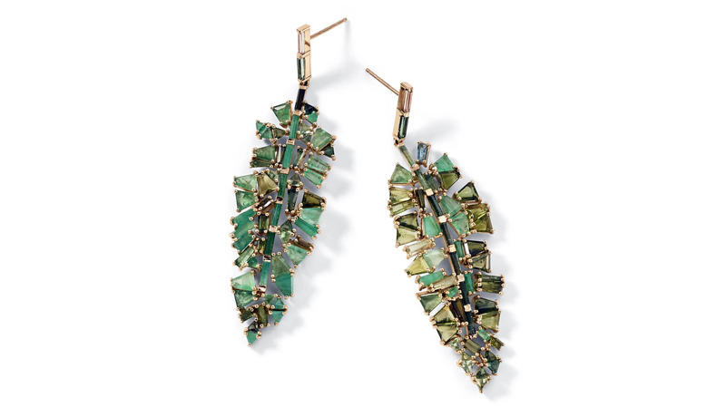 <a href="https://nakarmstrong.com/" target="_blank">Nak Armstrong</a>  20-karat rose gold Bahia Banana Leaf earrings with African emerald, green tourmalines, and brown zircon ($14,500)