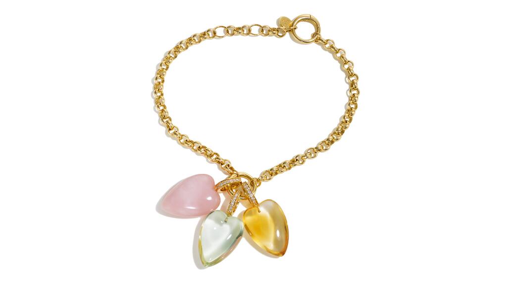 By Pariah’s “Collector” bracelet in 14-karat yellow gold with gold citrine, green amethyst, and pink opal “Heartstone” pendants ($5,660) By Pariah Collector Bracelet and Heartstone Pendants