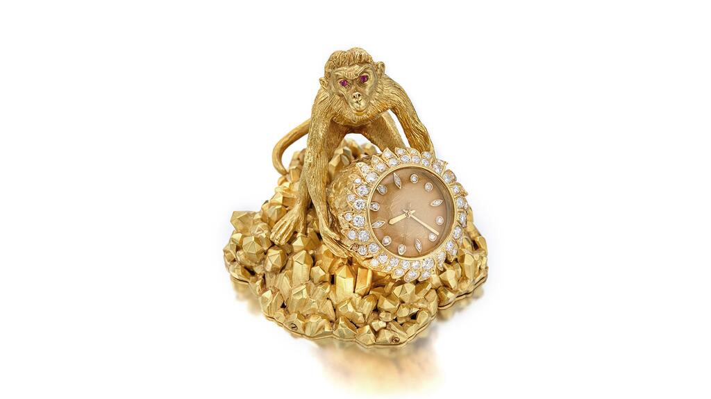 Constance “Connie” Barber Mellon’s David Webb gold and ruby monkey timepiece