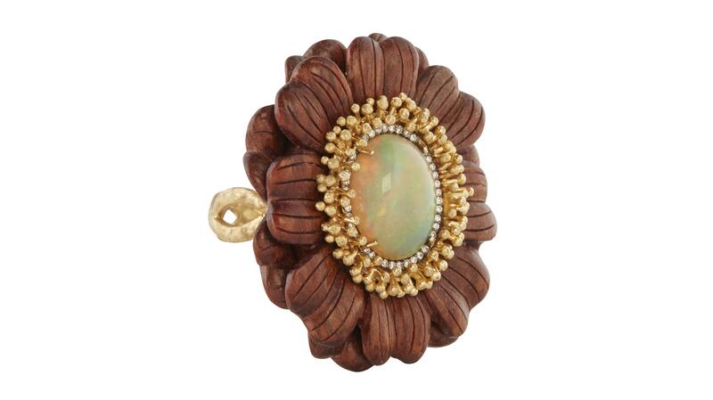 Silvia Furmanovich “Marquetry Flower Ring” in 18-karat yellow gold with opal and light brown diamonds, available at Broken English