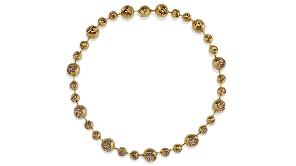 The “Solar Champs” mixed bead necklace by JV Insardi features 4.89 carats of champagne diamonds in 18-karat yellow gold ($61,700) JV Insardi Solar Champs Mixed Bead Necklace