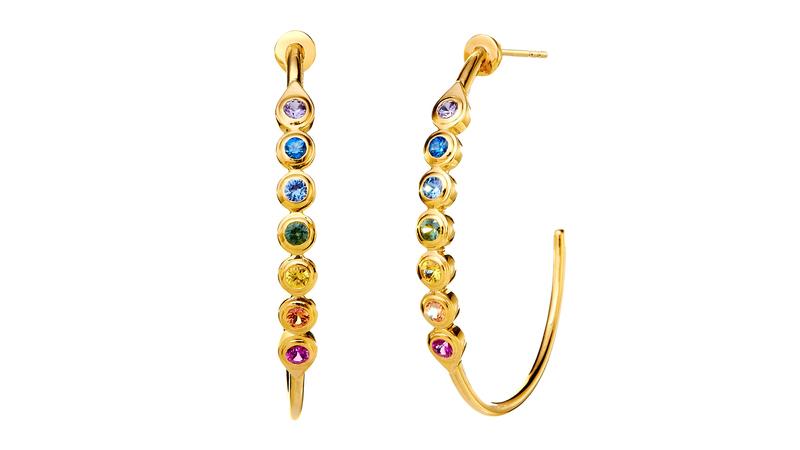 <a href="https://synajewels.com/" target="_blank">Syna Jewels</a> “Chakra” rainbow sapphire hoops earrings set in 18-karat yellow gold ($2,950)