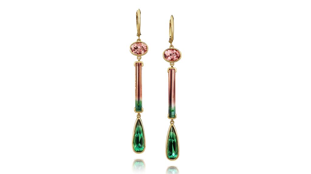 Parlé earrings in 14-karat recycled yellow gold with 2.38 carats of lotus garnet, 3.4 carats of Brazilian watermelon tourmalines, and 3.53 carats of green tourmaline
