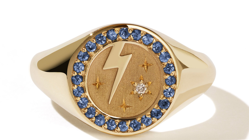 <a href="https://meadowlark.co.nz/collections/signet/products/amulet-strength-signet-ring-pave-9y" target="_blank">Meadowlark</a> blue sapphire and diamond amulet strength signet ring in 9-karat yellow gold ($1,743)