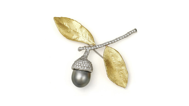 <a href="https://www.aaronhenry.com/pins-and-pendants/p342dcsbp" target="_blank">Aaron Henry</a>  Southern Oak Acorn Brooch with 18-karat green gold leaves, Tahitian pearl, and diamonds set in platinum with a sapphire tip (price available upon request)