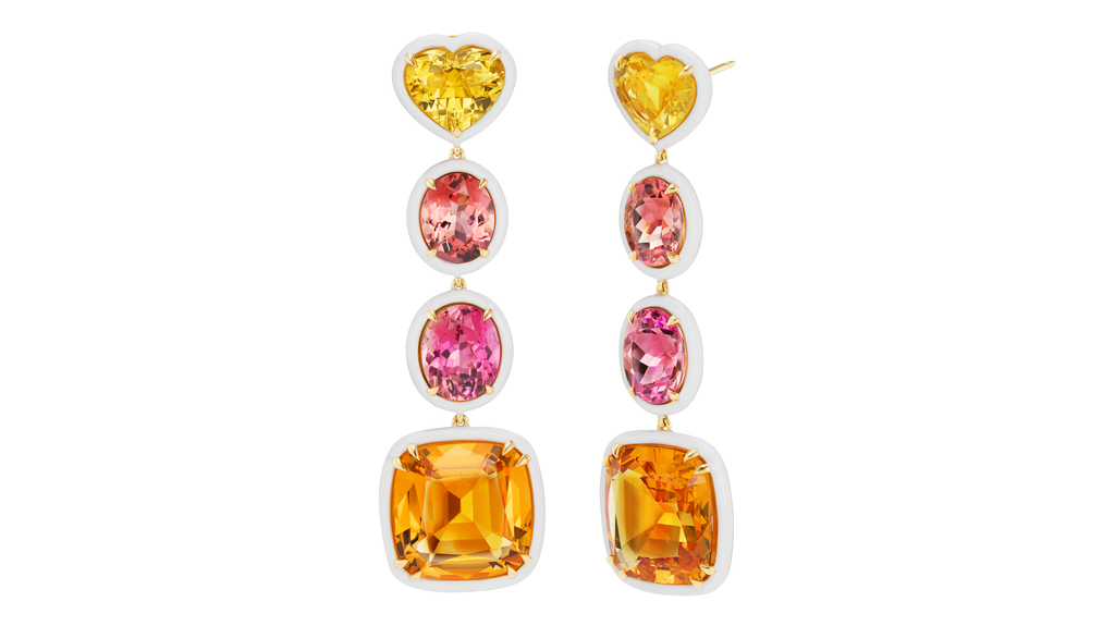 Emily P. Wheeler’s “Aurora” earrings in 18-karat gold with 26.28 total carats of palm citrine, 13.07 total carats of tourmaline, and 7.1 total carats of yellow beryl. They’re from the designer’s latest collection, “Dress Up,” launched in 2021.