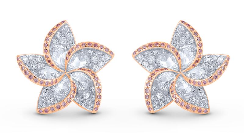 Harakh “Frangipani” earrings featuring colorless rose-cut diamonds and pink diamonds set in 18-karat white and rose gold
