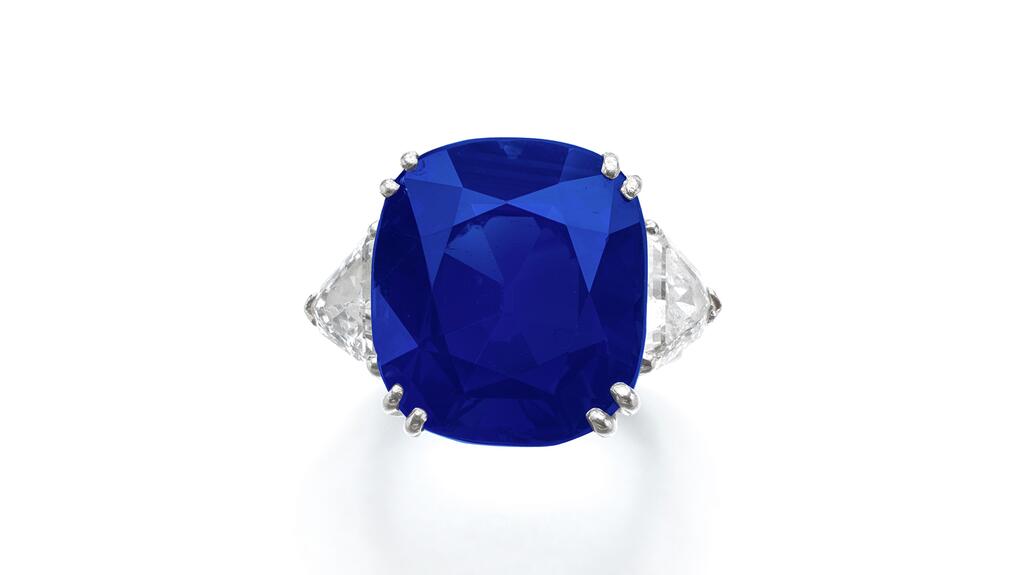 This 17.29-carat cushion-shaped Kashmir sapphire and diamond ring sold for CHF 3.4 million ($3.8 million). Sapphire and diamond ring