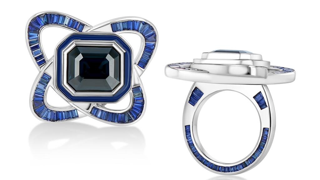 “The Orbitalis” ring by Löf features Burmese spinel, navy blue enamel, and sapphires set in 18-karat white gold ($35,000) Löf The Orbitalis Ring