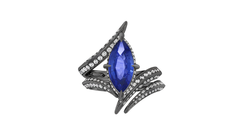 <a href="https://www.mareinewyork.com/collections/ayla-diamond-engagement-bridal-set-collection" target="_blank">Marei New York</a> 18-karat black gold ring with marquise blue sapphire and white diamonds (price upon request)
