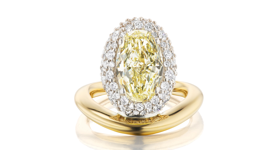 The “Perch Ring” in 18-karat white and yellow gold with 3.24 fancy yellow antique diamond and white diamond pavé ($42,350) is from Arielle Ratner’s new engagement ring collection.