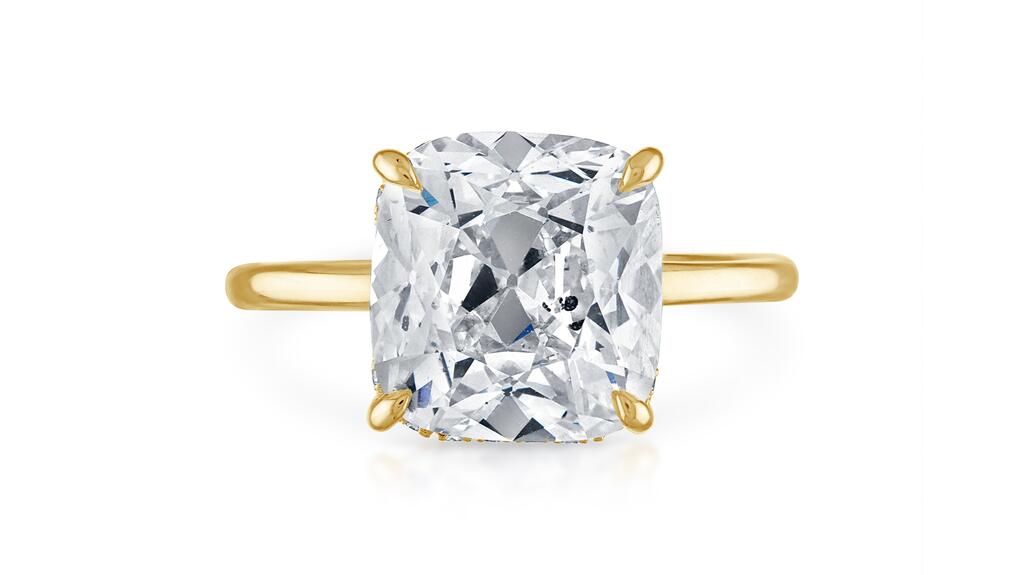 An antique solitaire cushion-cut diamond on a gold band by Stephanie Gottlieb Stephanie Gottlieb antique cushion cut
