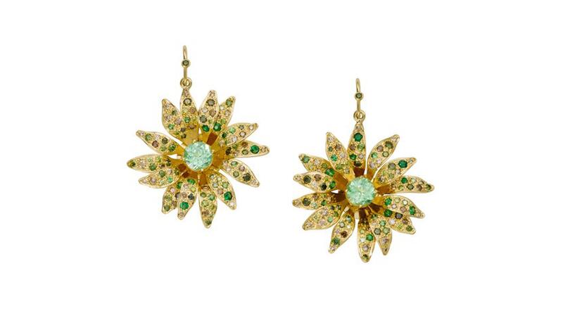 Misahara “Forever Green Earrings” in 18-karat yellow gold with green diamonds, champagne diamonds, and tsavorites